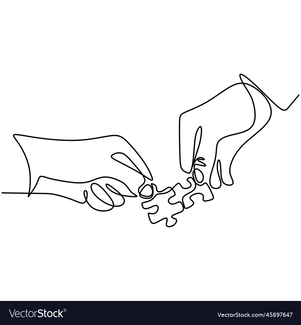 Continuous line drawing of hands solving jigsaw vector image Continuous line drawing of hands solving jigsaw