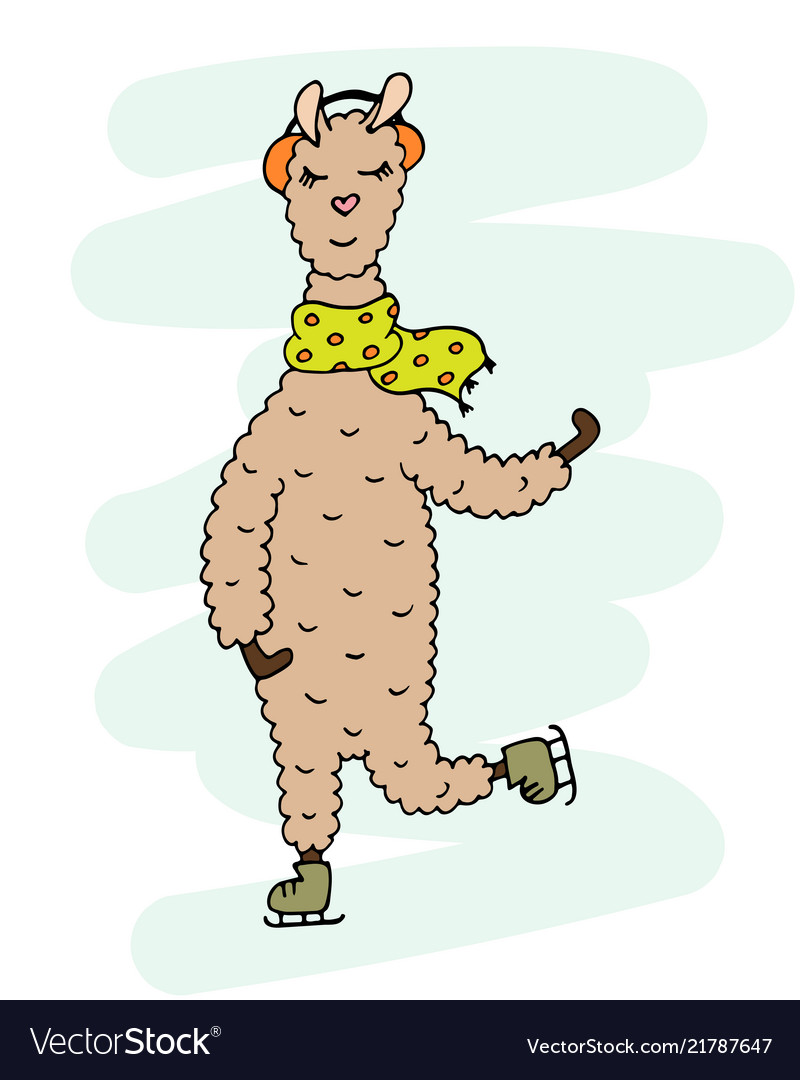 Cute hand-drawn lama in scarf and earpiece skate