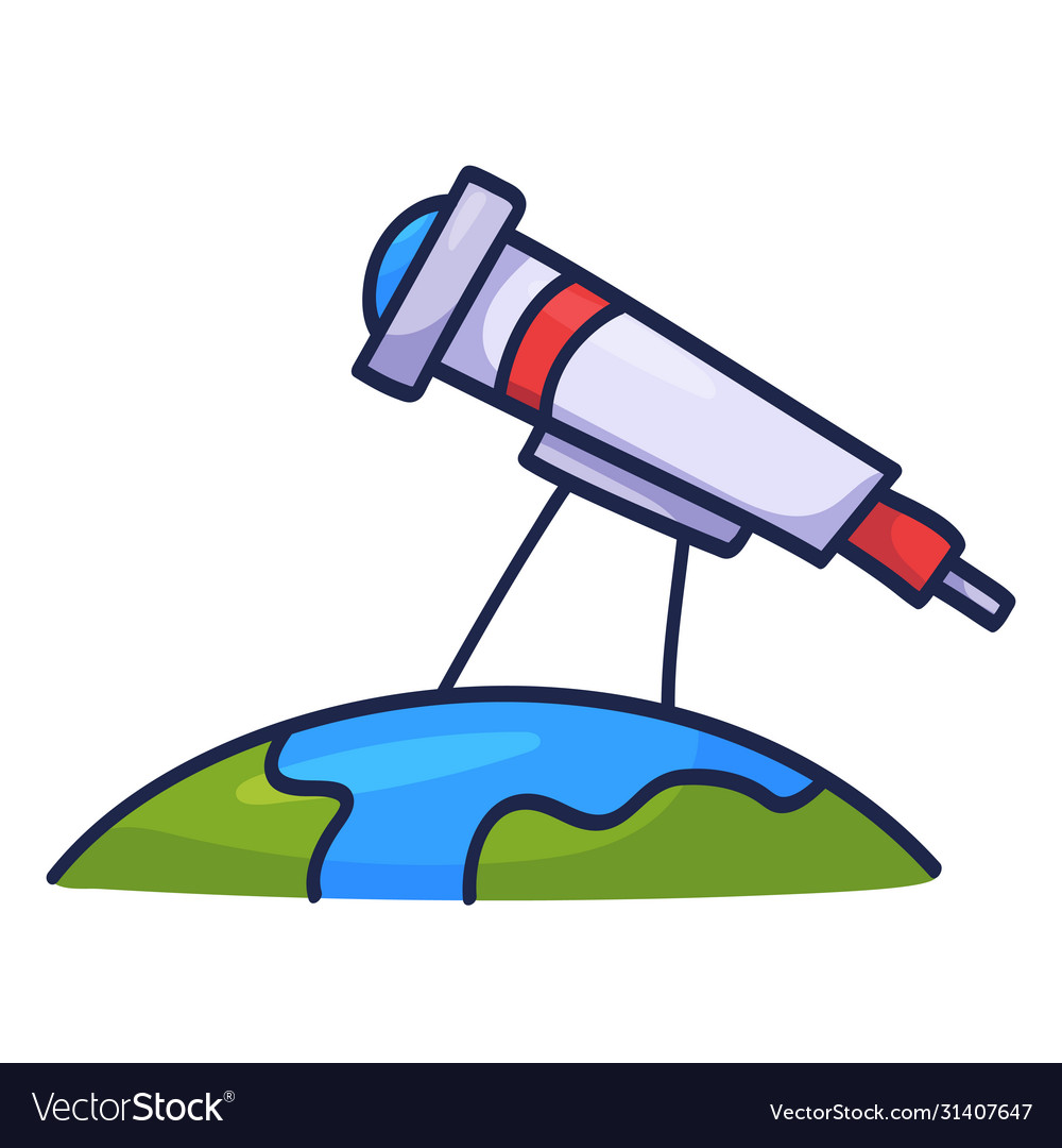 Hand drawn telescope doodle icon on earth