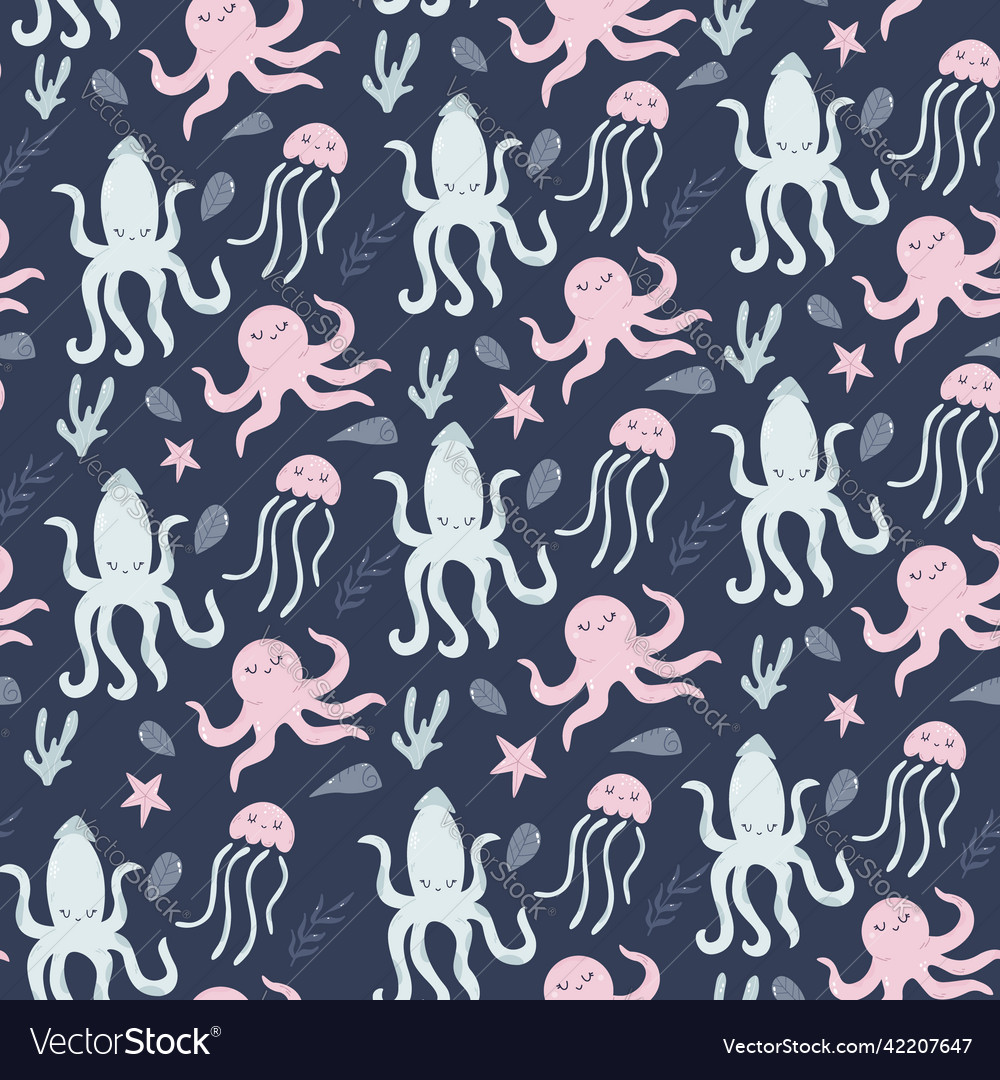 Seamless childish pattern with funny squids