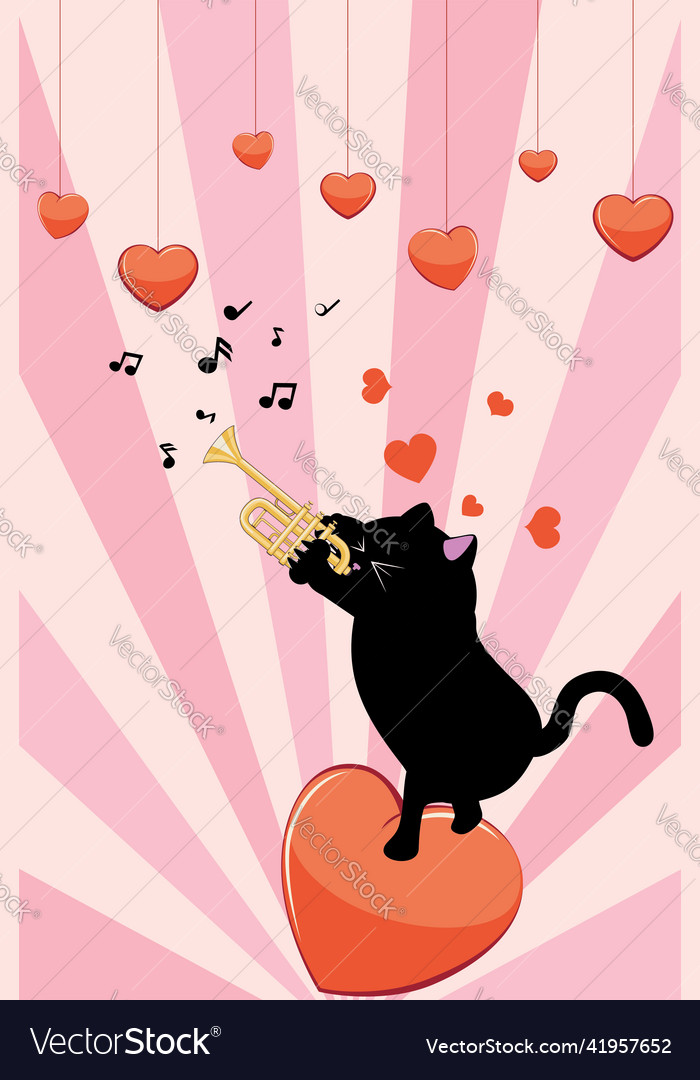 Black cat play on trumpet heart