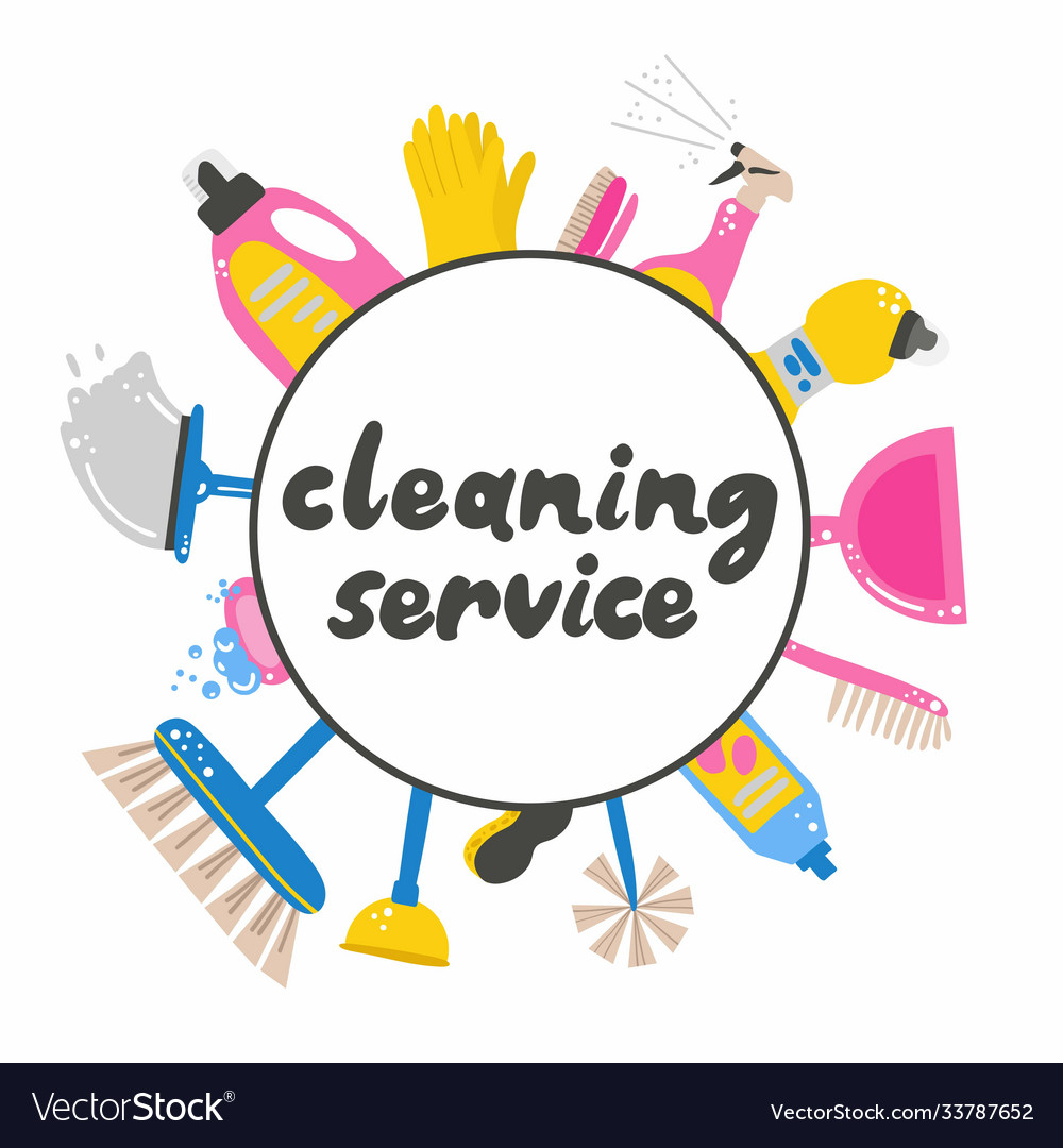 Cleaning service supplies in circle with text Vector Image