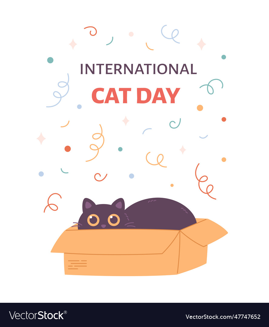 Cute black cat in box international cat day Vector Image