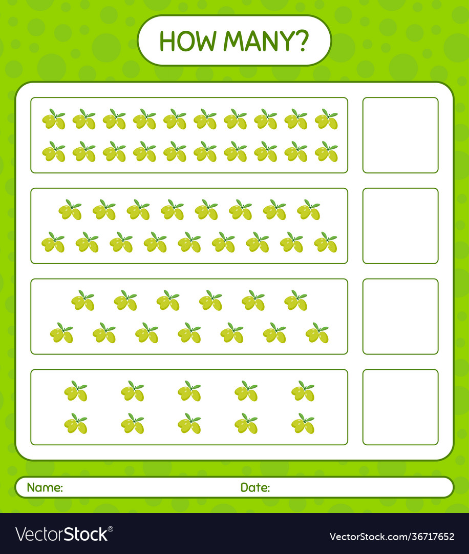 How many counting game with olive worksheet vector image How many counting game with olive worksheet