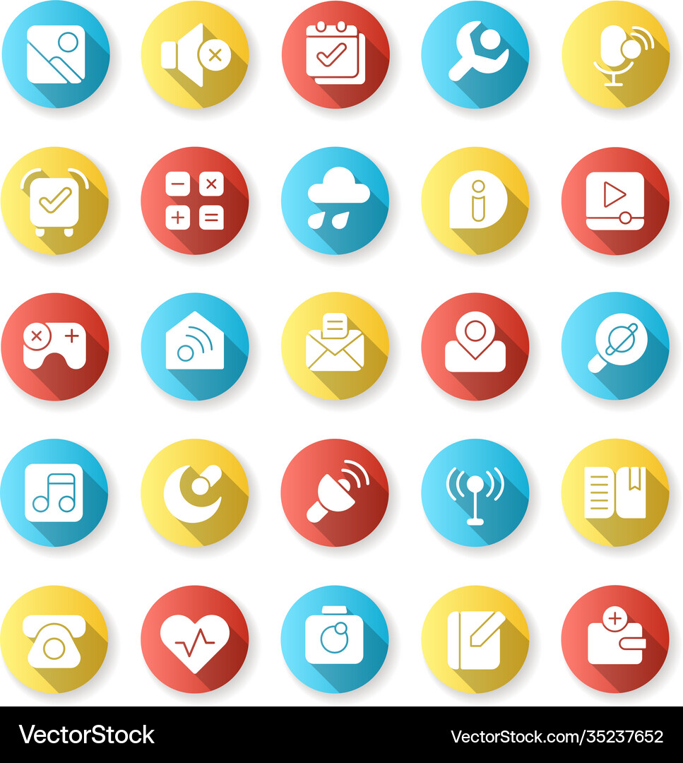 Interface flat design long shadow glyph icons set Vector Image