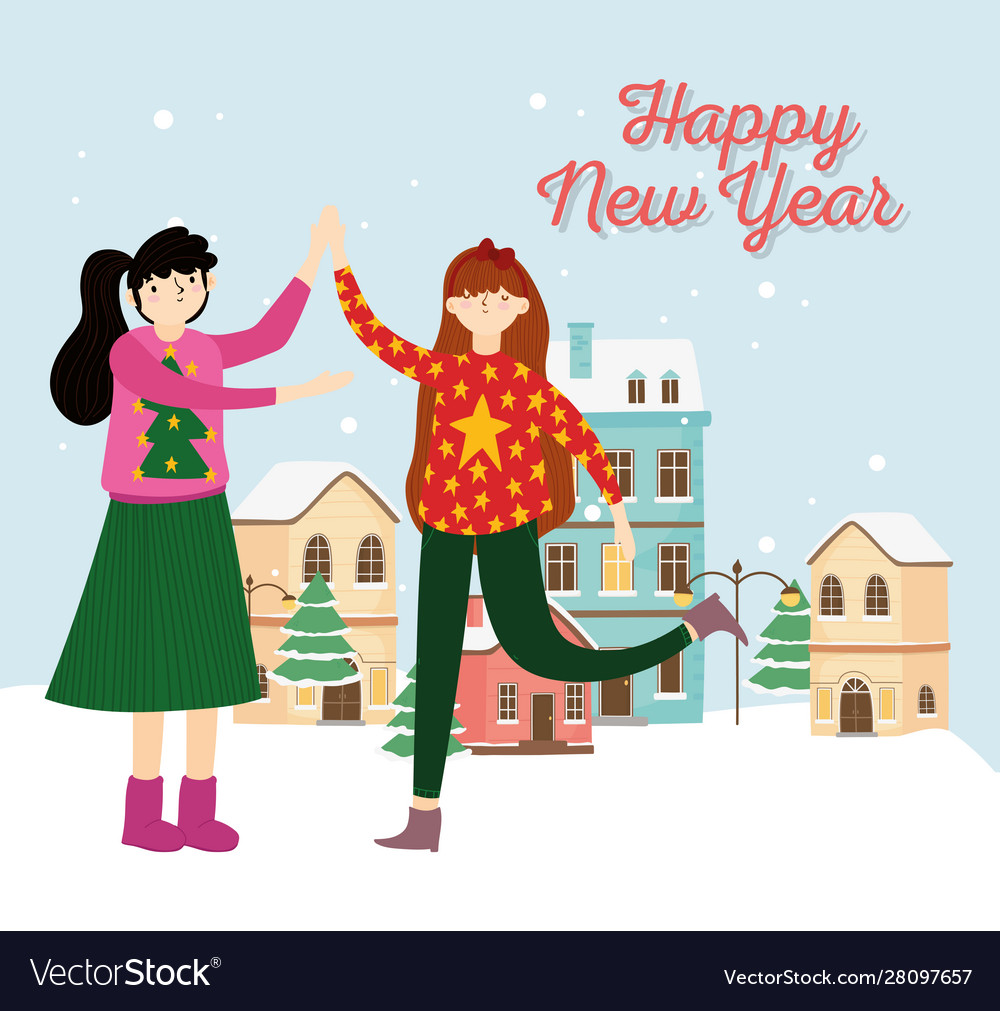 Happy new year women with ugly sweater village