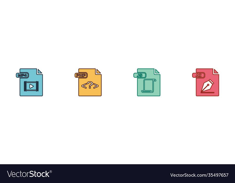 Set mp4 file document php js and ai icon vector image Set mp4 file document php js and ai icon