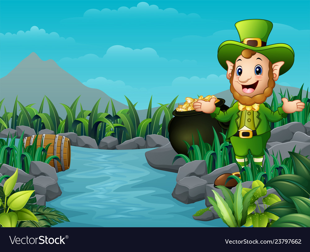Cartoon leprechaun and a pot of gold in the nature