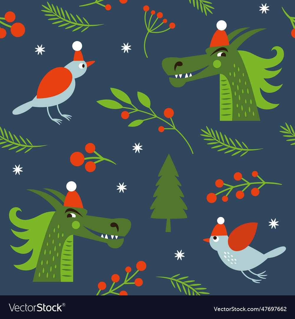 Seamless new years pattern with dragons and birds Vector Image