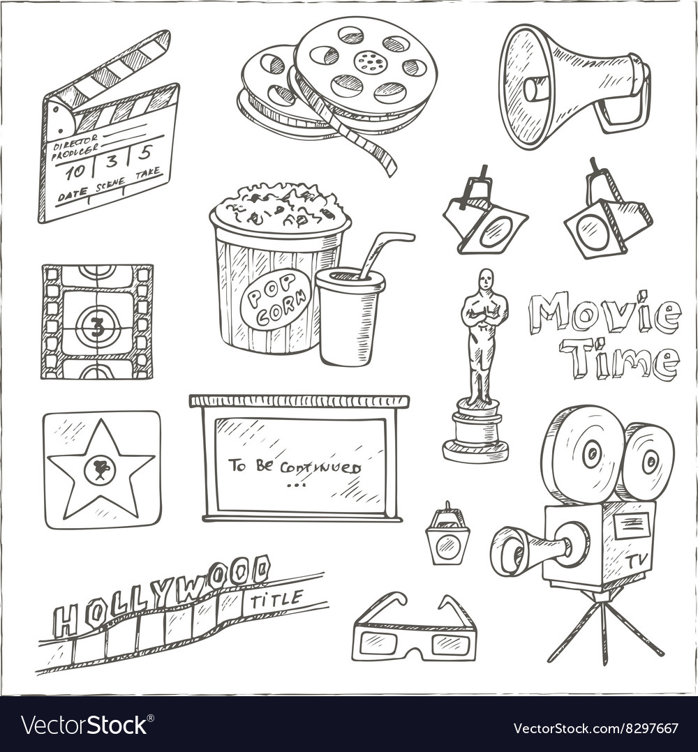 Set of objects and symbols on the cinema theme