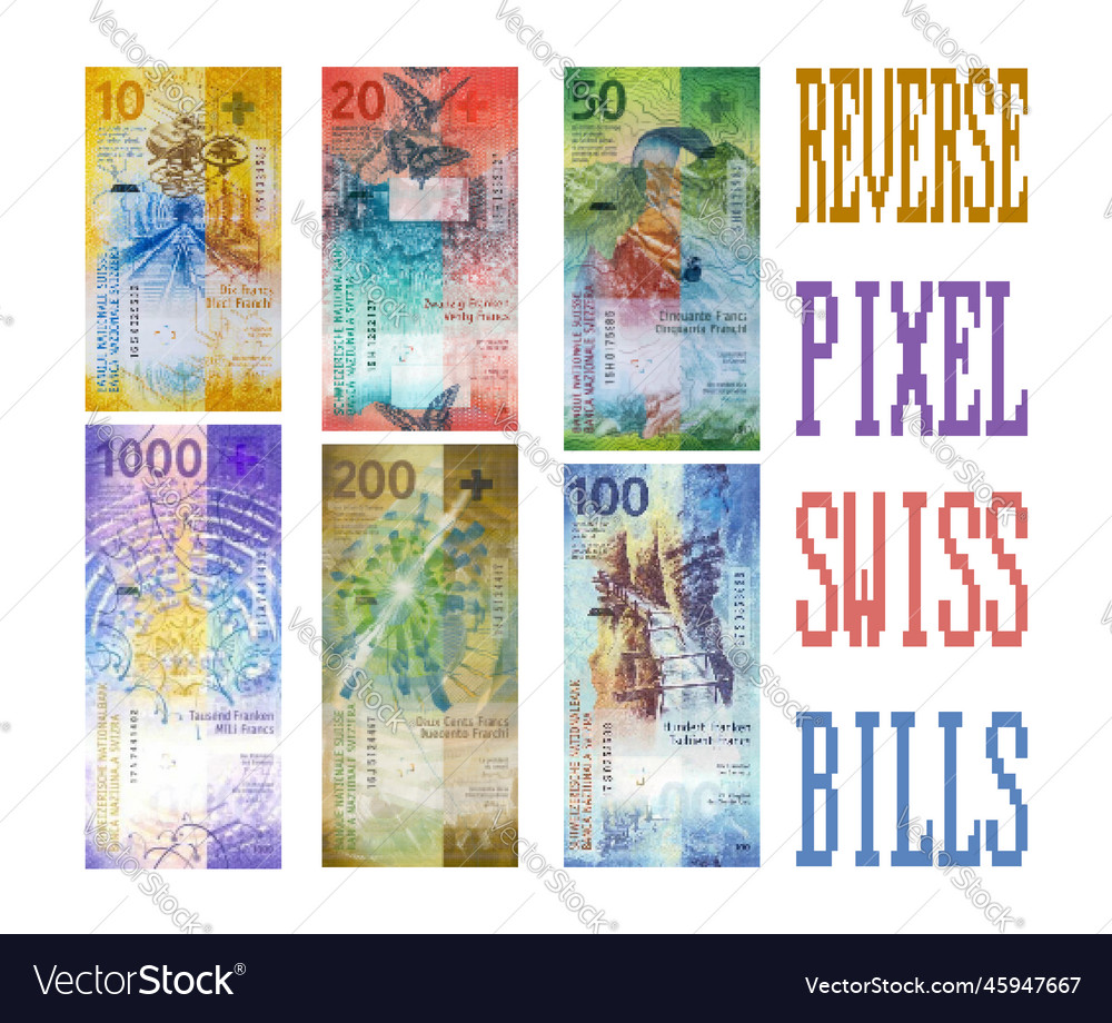 Set swiss pixelated mosaic reverse side banknotes
