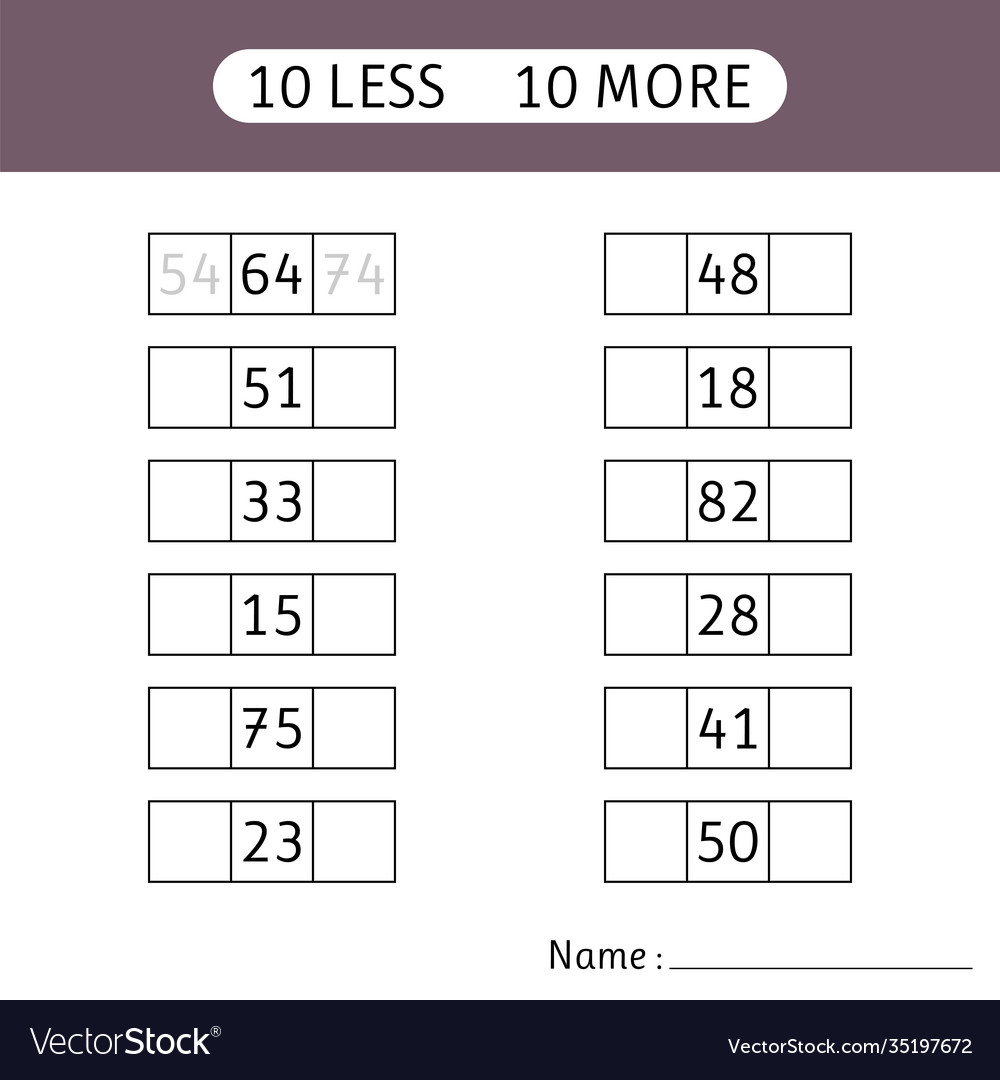 10 less more fill in missing numbers