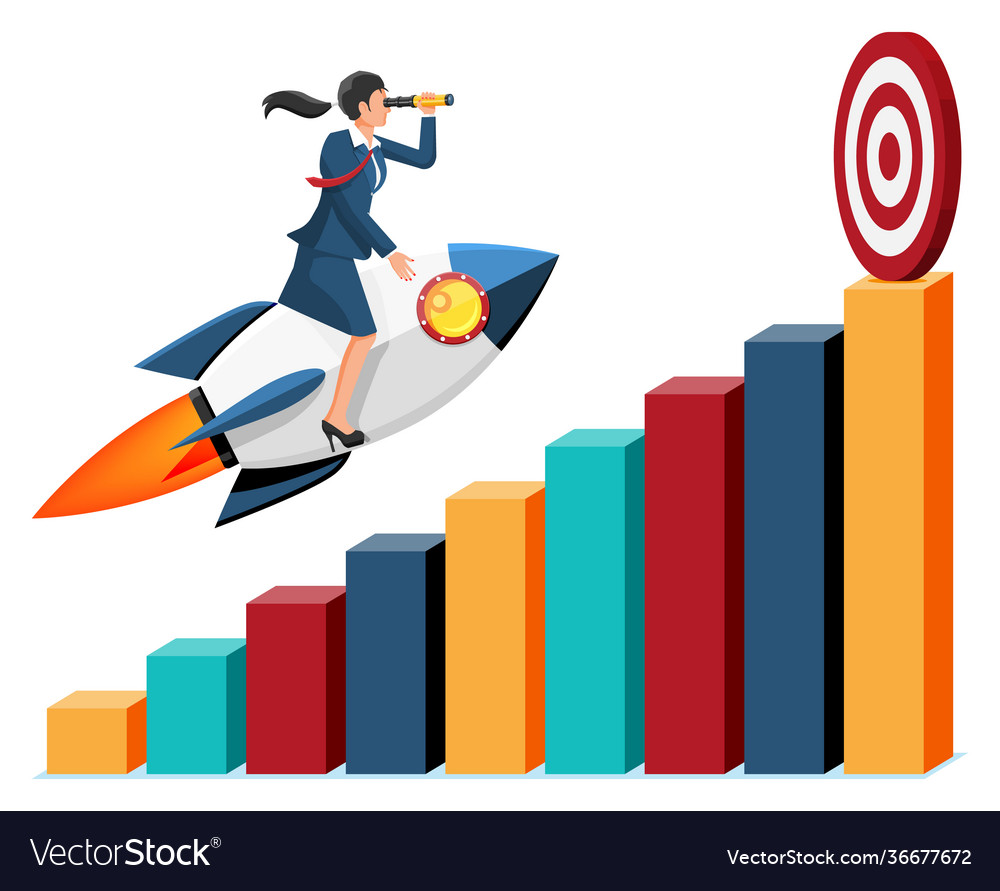 Business woman flying on rocket graph