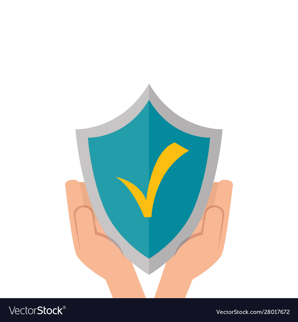 Hands and shield with check symbol isolated icon