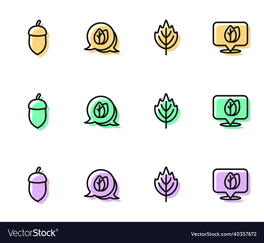 Set line leaf acorn and location with icon Vector Image Set line leaf acorn and location with icon