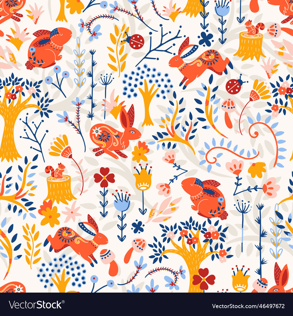 Spring red rabbits in forest seamless pattern vector image Spring red rabbits in forest seamless pattern