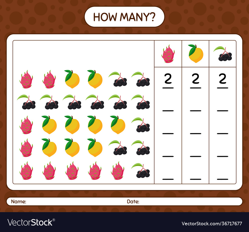 How many counting game with fruit worksheet Vector Image How many counting game with fruit worksheet