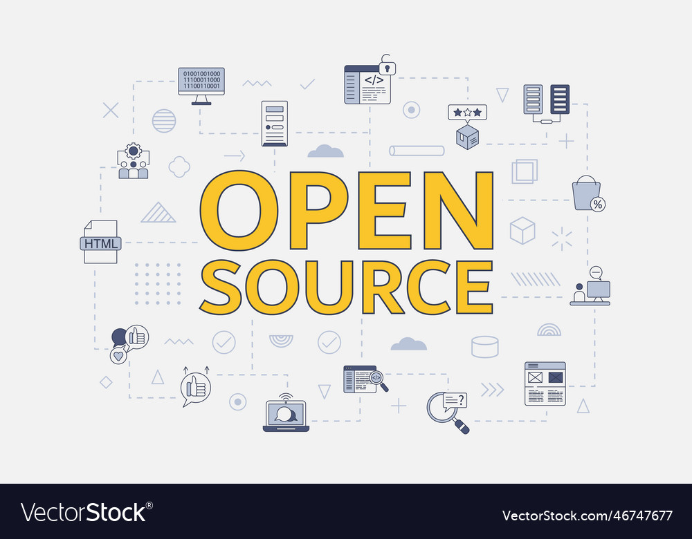Open source concept with icon set big word vector image Open source concept with icon set big word