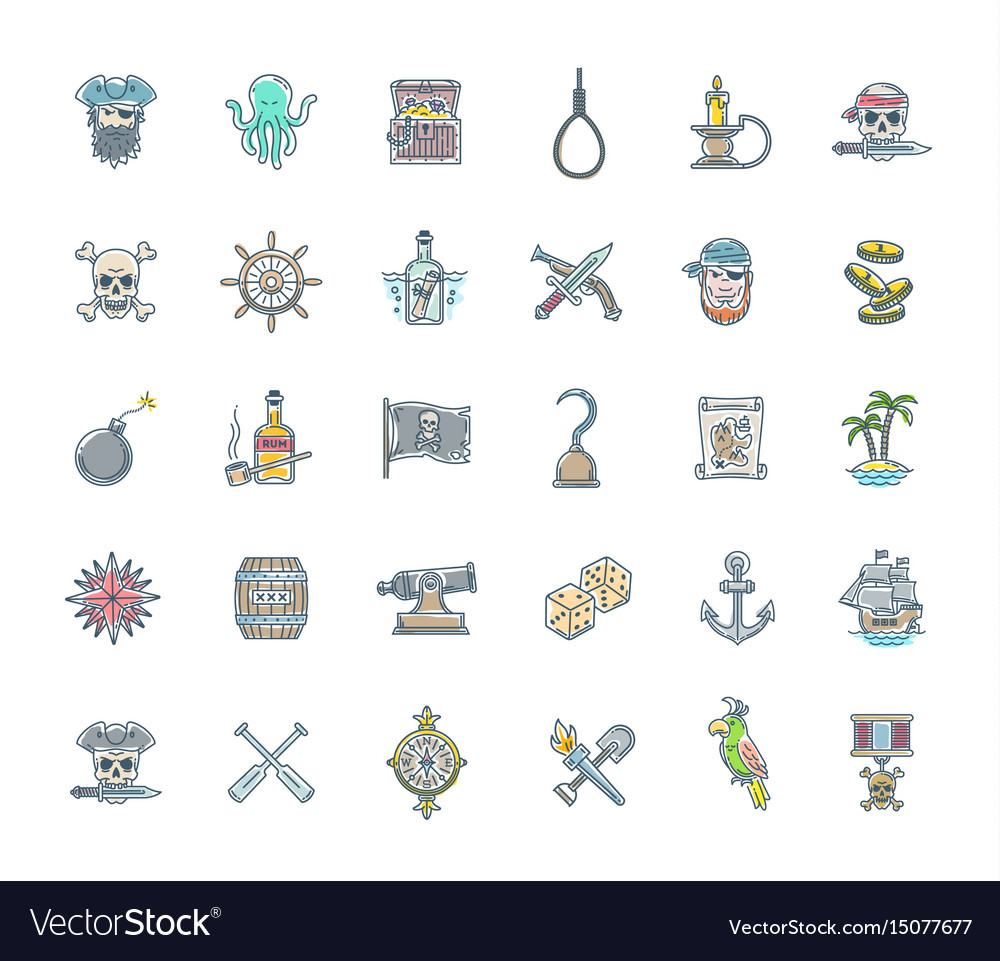 Pirate icon set - line drawn objects and character