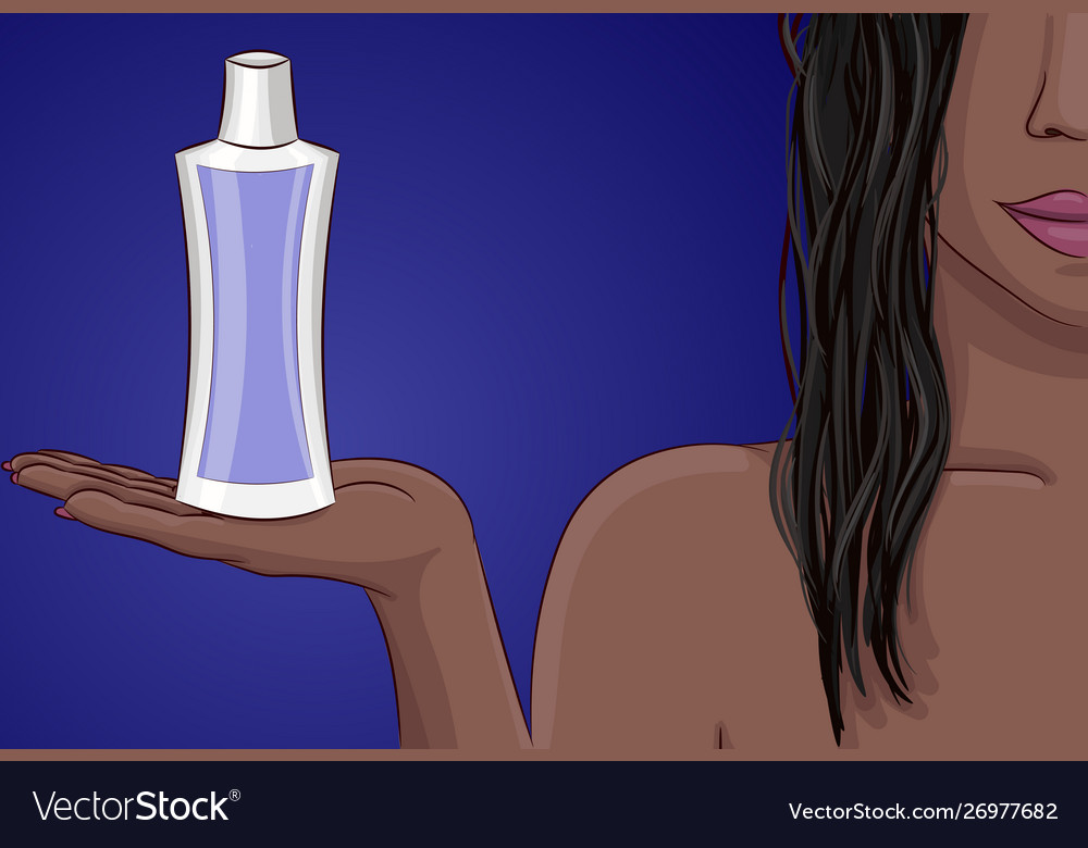 Black woman with wet hairs keep bottle shampoo