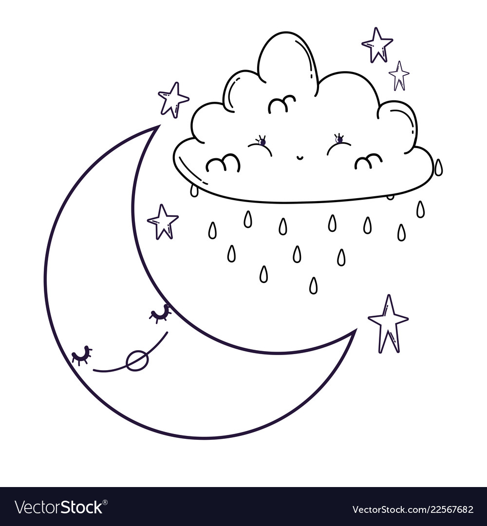 Clouds and moon cute cartoons in black and white Vector Image