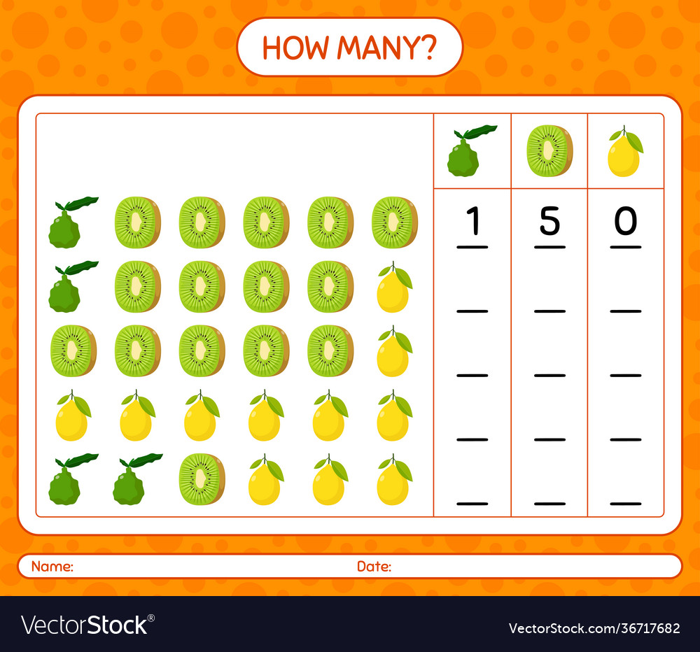 How many counting game with fruit worksheet vector image How many counting game with fruit worksheet
