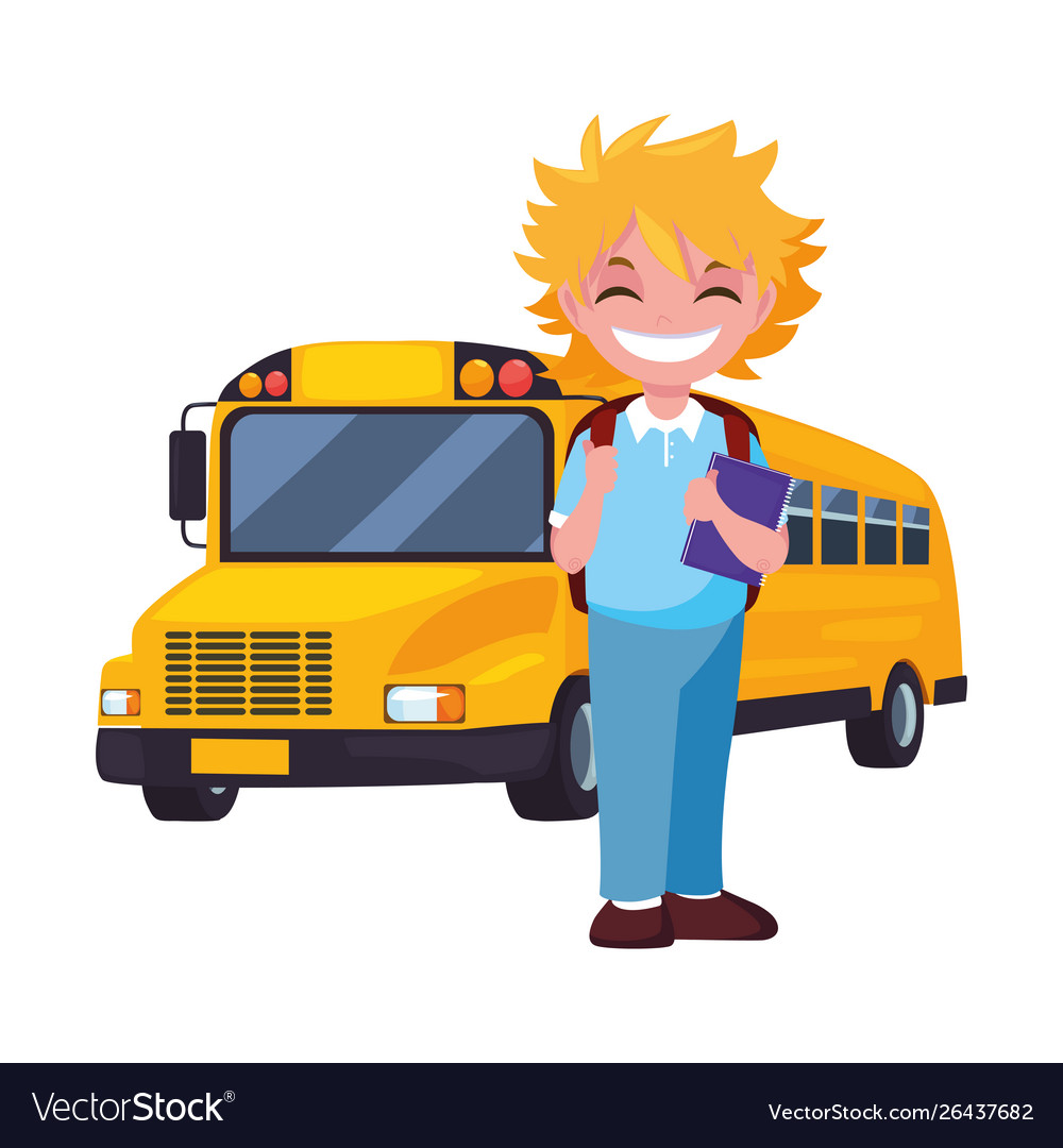 Student boy and bus transport back to school