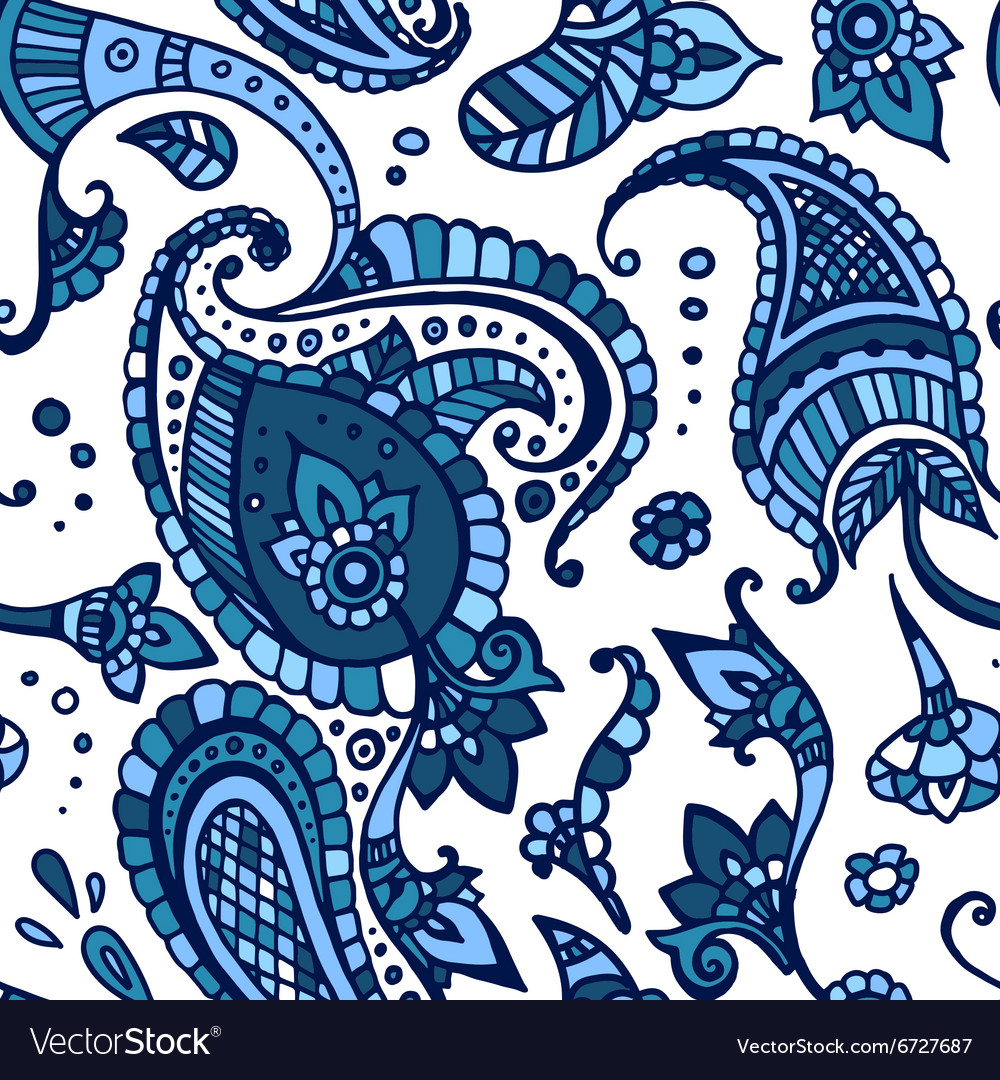 Blue colored paisley seamless pattern hand drawn