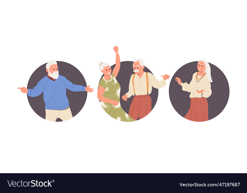 Set of round frame icons with happy overjoyed old vector image Set of round frame icons with happy overjoyed old