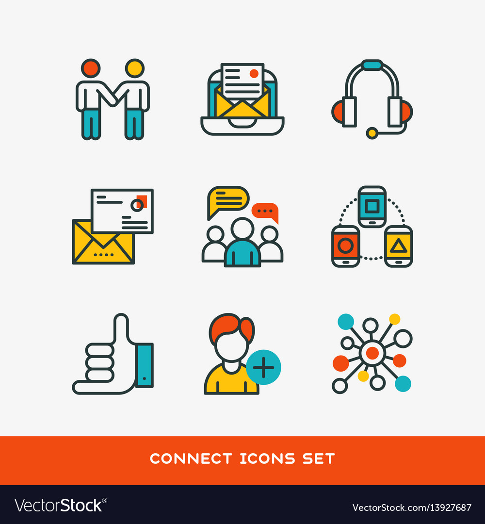 Thin lines connection icons outline set of big