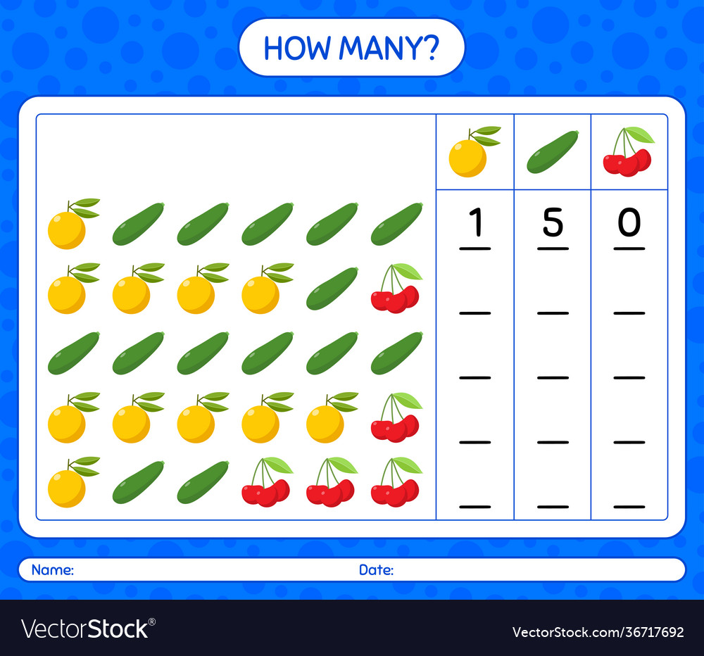 How many counting game with fruit worksheet vector image How many counting game with fruit worksheet