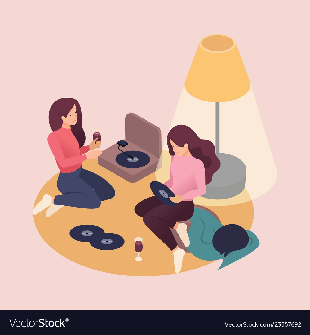 Isometric beautiful young woman at home