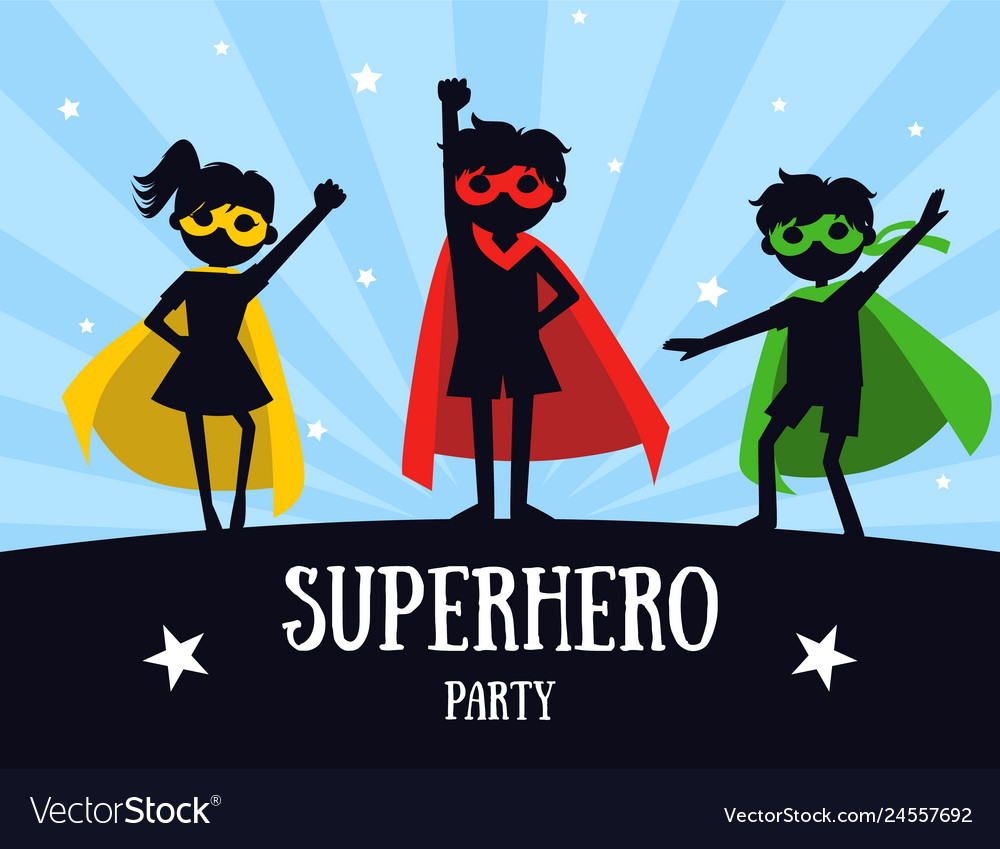 Superhero Party Banner Cute Kids In Superhero Vector Image