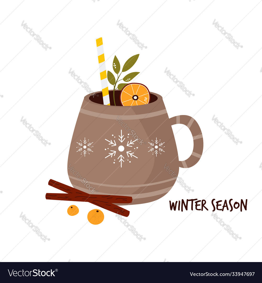 Colorful card with cup cocoa and spices winter