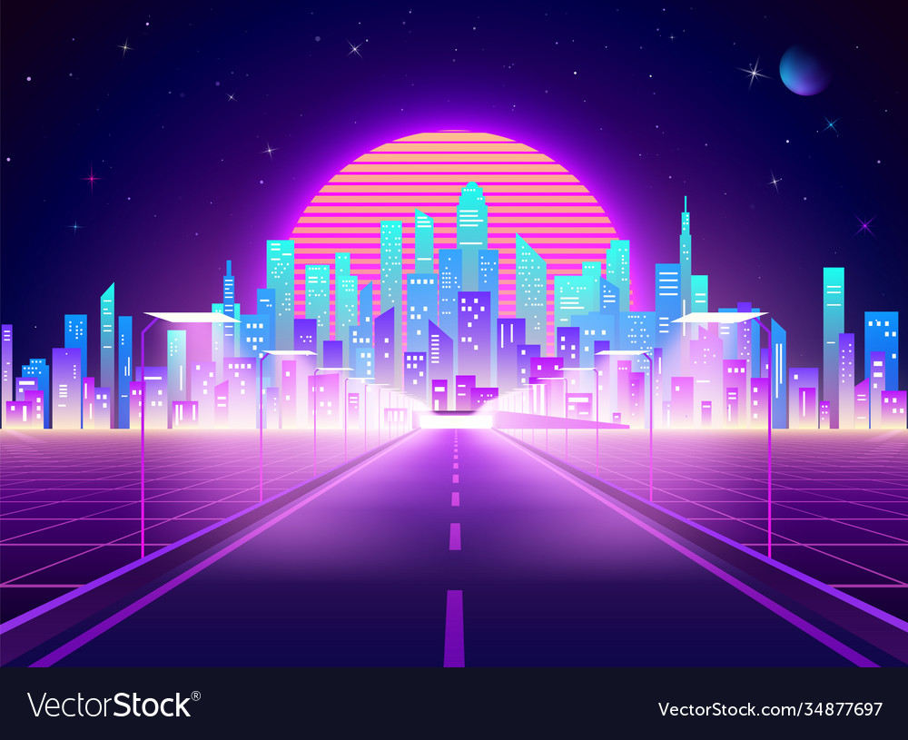 Highway To Cyberpunk Futuristic Town Neon Retro Vector Image | vlr.eng.br