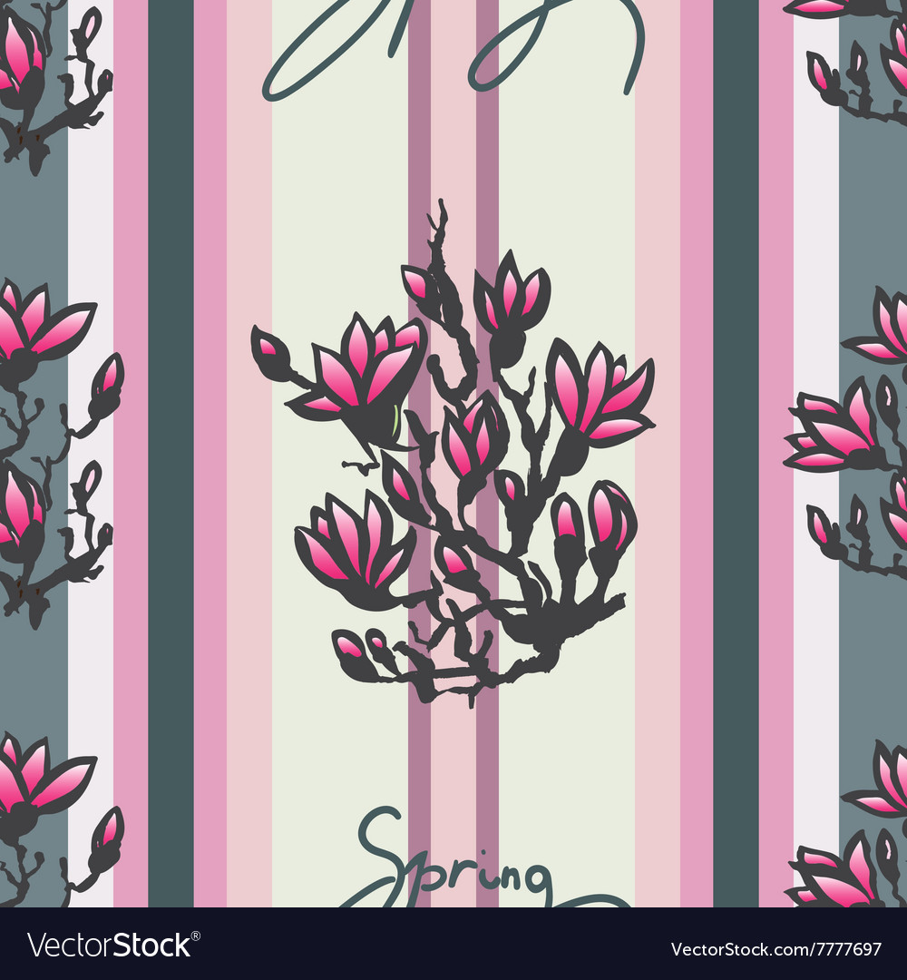 Seamless pattern with twig magnolia and lettering