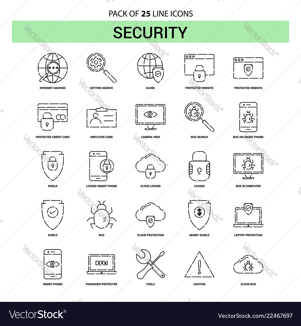 Security line icon set - 25 dashed outline style vector image Security line icon set - 25 dashed outline style