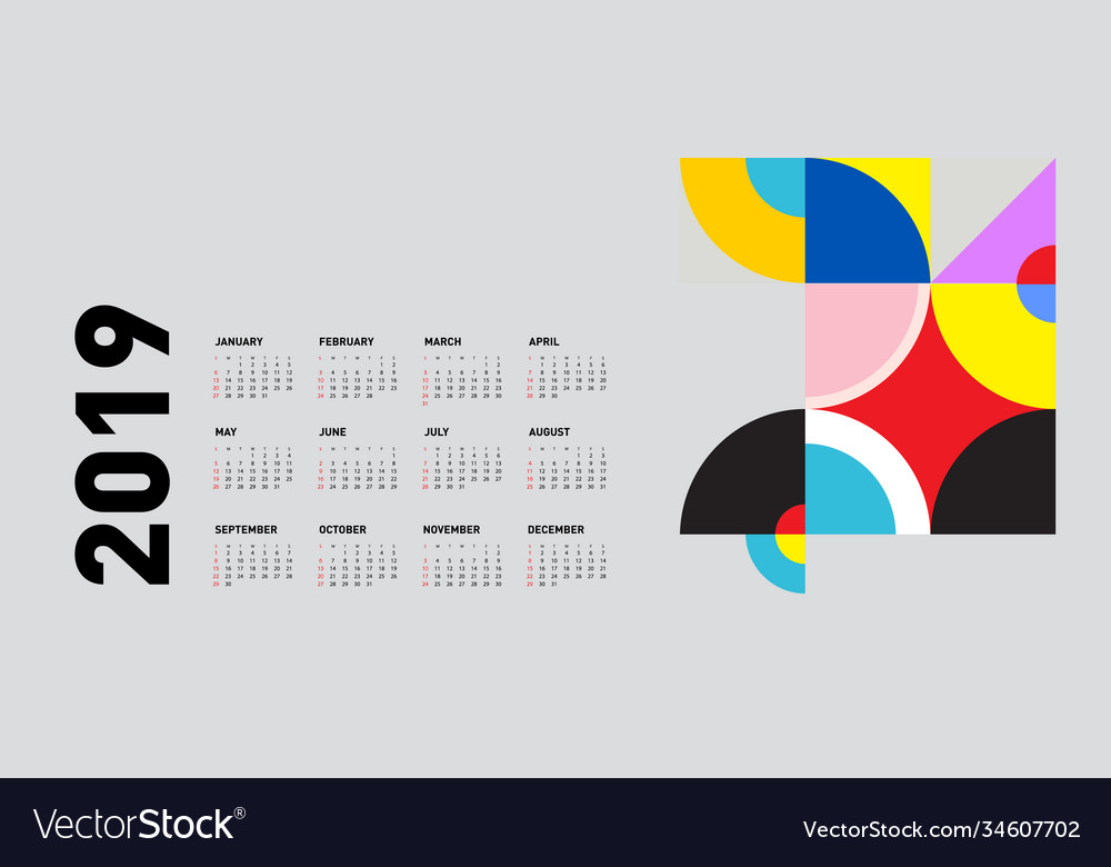 2019 calendar design template with colorful