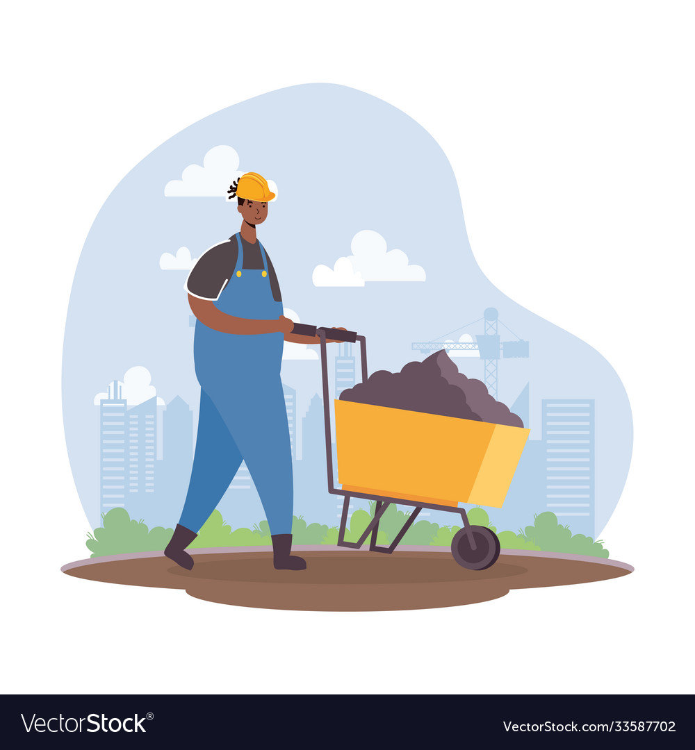 Afro constructor worker with wheelbarrow character Vector Image Afro constructor worker with wheelbarrow character