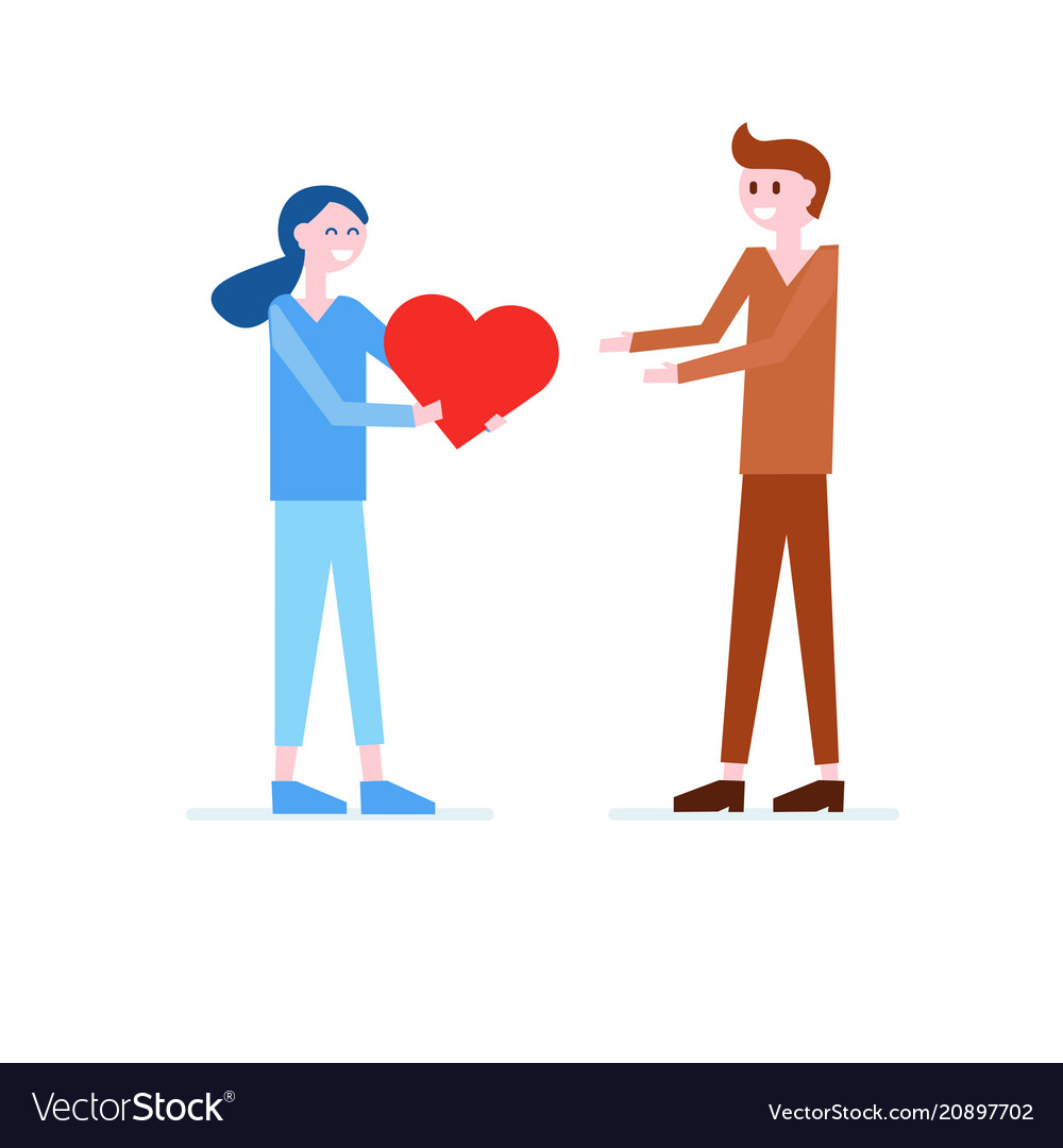 Girl giving red heart to boy love romantic flat Vector Image