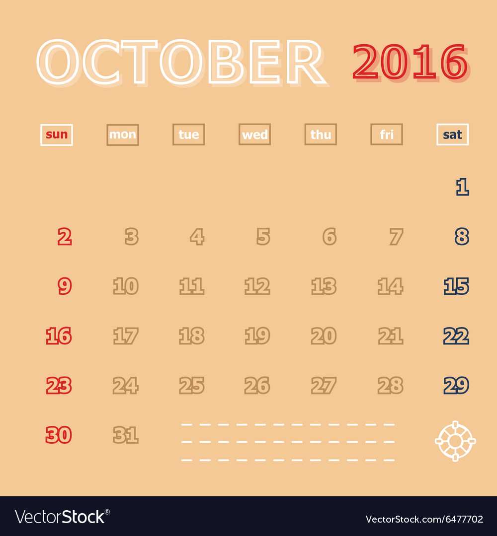 October 2016 monthly calendar template Royalty Free Vector