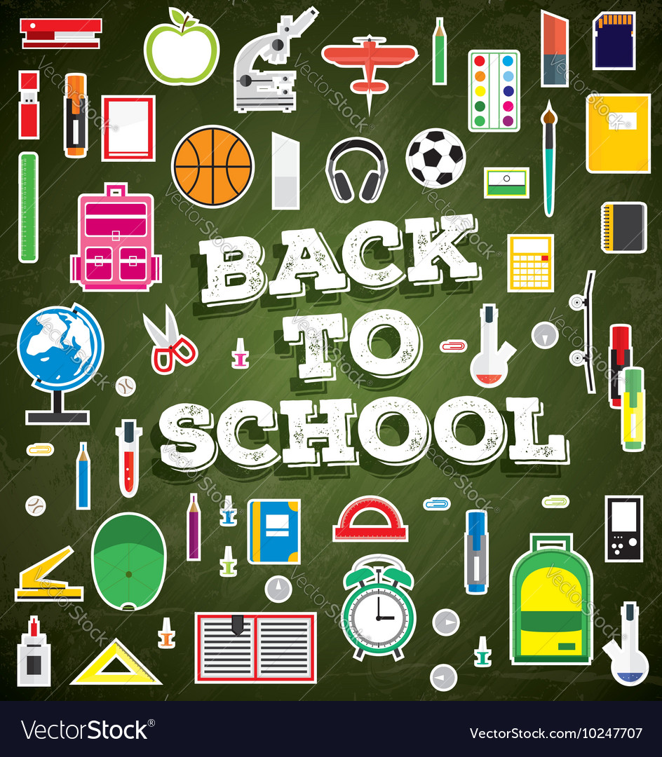 Back to school school supplies on green board Vector Image