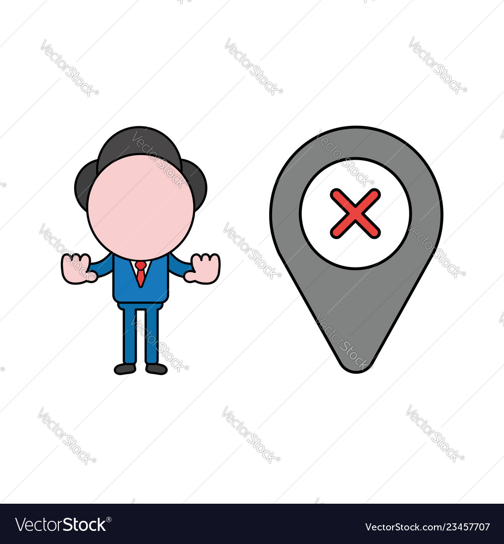 Businessman character with map pointer and x mark vector image Businessman character with map pointer and x mark