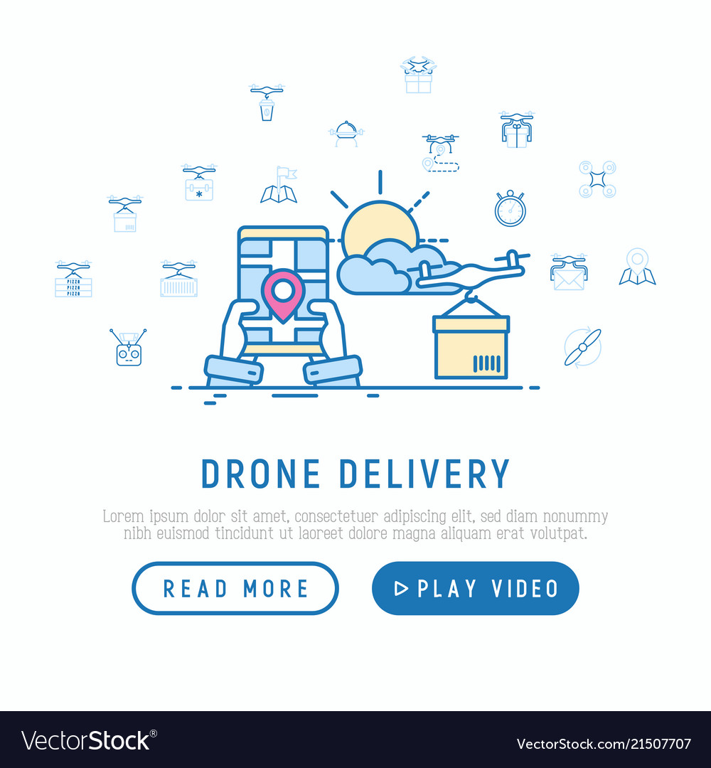 Drone delivery concept with thin line icons