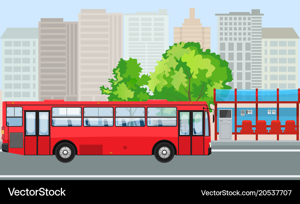 Empty Bus Stop And Bus With City Skyline Flat Vector Image