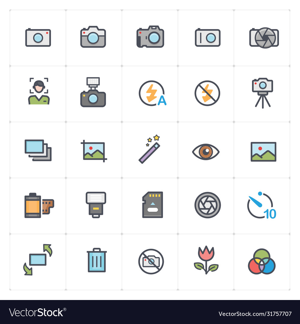 Icon set - camera and photograph outline stroke wi