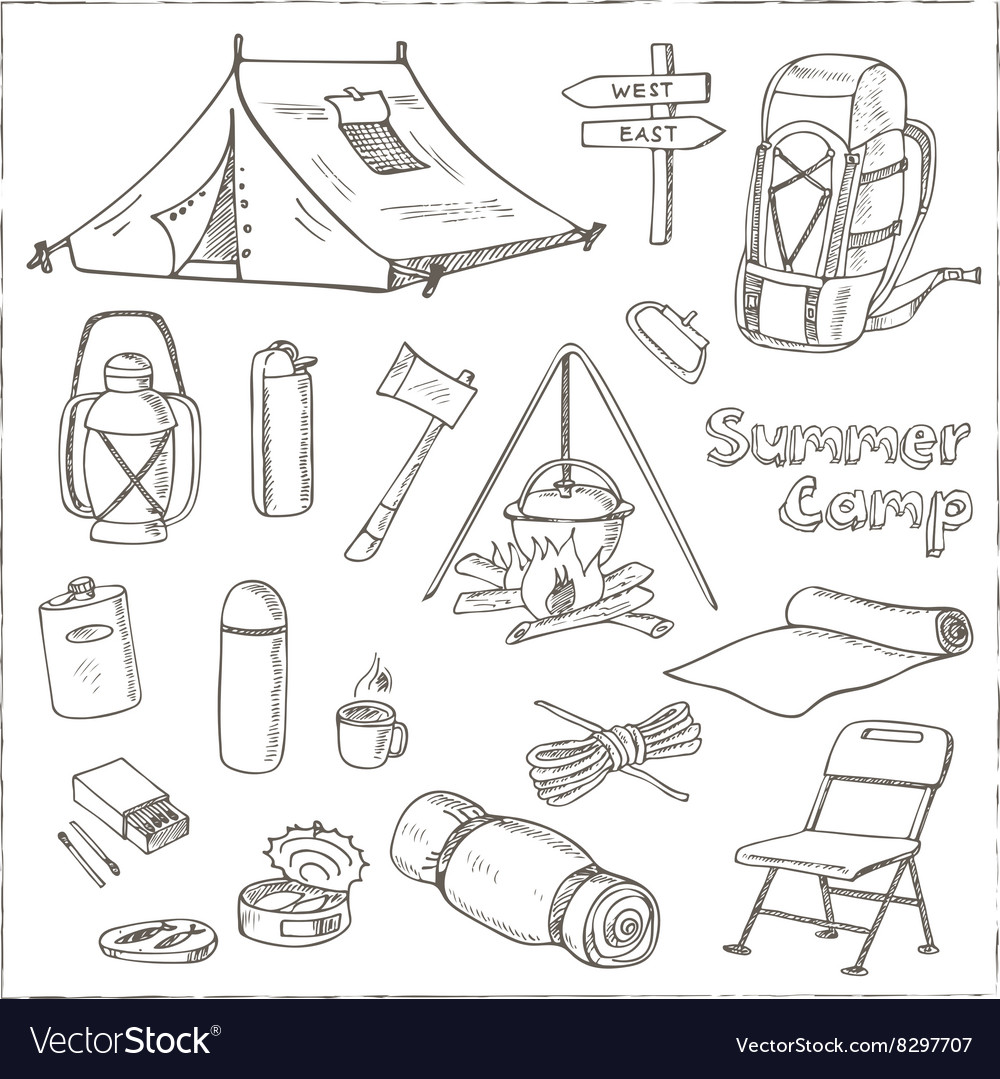 Set hand drawn camping equipment drawings Vector Image
