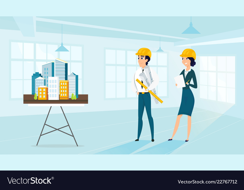 Group of architects with city architecture layout vector image Group of architects with city architecture layout
