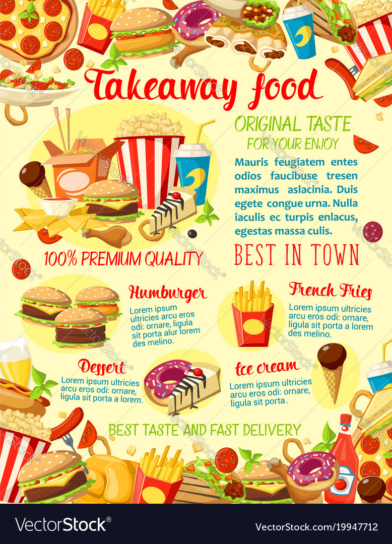 Takeaway fast food restaurant menu poster Vector Image