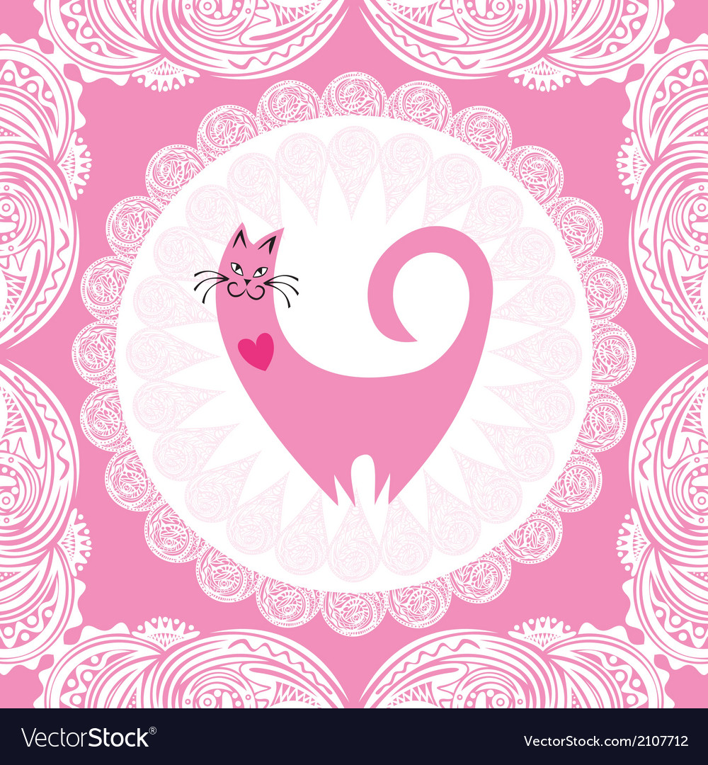 Valentines day card beautiful pink cat with heart